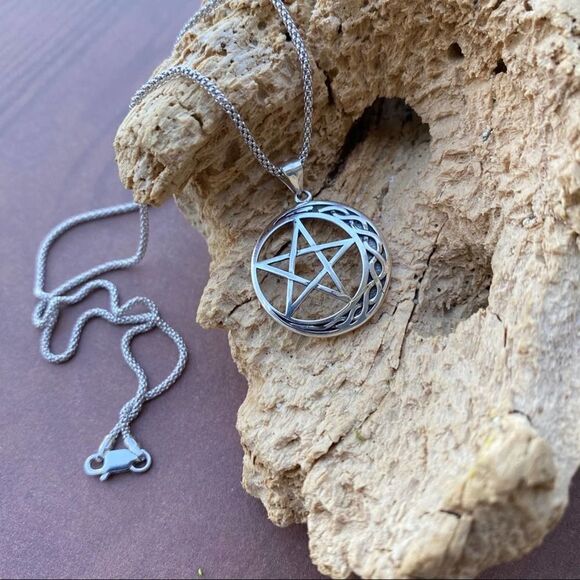 Celtic Crescent Moon And Star Sterling Silver Necklace Popcorn Chain - Picture 7 of 7